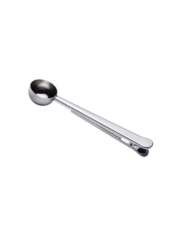 Spoon for measuring coffee and herbal teas, with bag closing clip