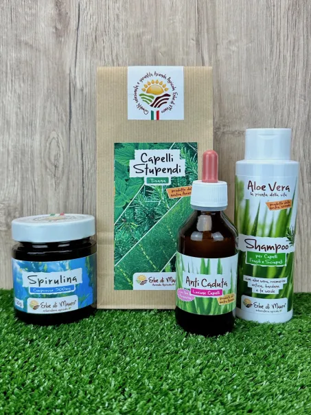 Pacchetto caduta Capelli, con spirulina, shampoo aloe e rosmarino, anti caduta
