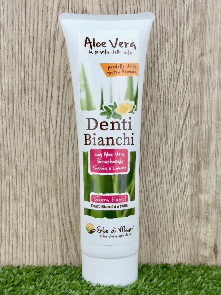 Dentifricio Denti Bianchi, con Aloe, Salvia Limone, naturale e senza fluoro.